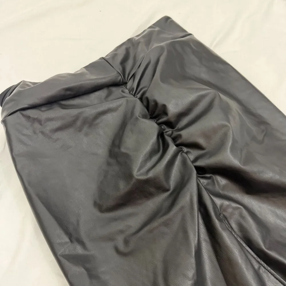 HALARA High Rise Tummy Cntl Ruched  2-in-1 Fleece PU Midi Skirt XL NEW B76